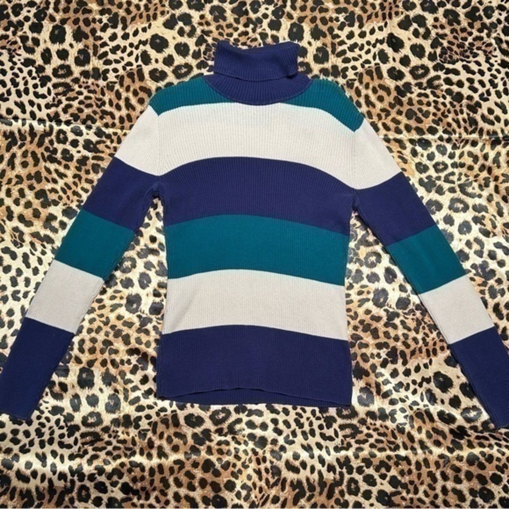 Purple White & Teal Striped Ribbed Fitted Sweater